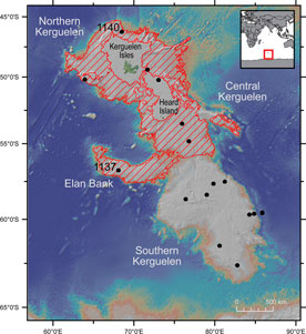 Map of Kerguelen Plateau in the southern Indian Ocean, with seafloor bathymetry and location of drill sites.
